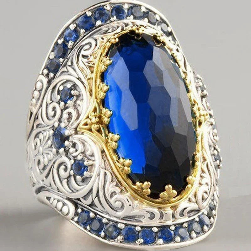 Hyperbole Big Oval Blue CZ Rings for Women Aesthetic Carved Pattern Two Tone Design Wedding Anniversary Luxury Jewelry - EUFASHIONBAGS