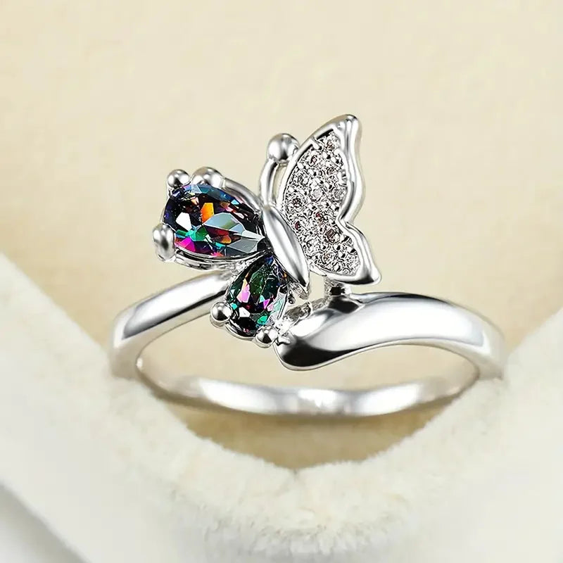 Butterfly Rings with Multi-colored Cubic Zirconia Aesthetic Wedding Accessory for Women Exquisite Gift Statement Jewelry