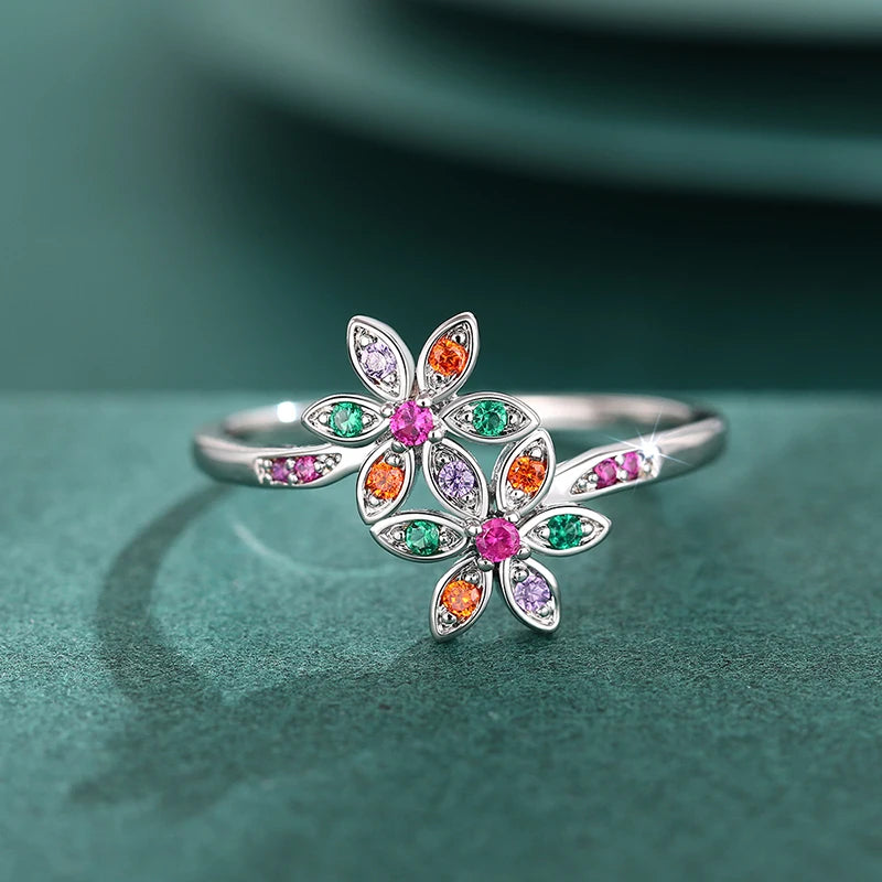 Delicate Double Flower Finger Ring Female Bright Zirconia Jewelry for Engagement Graceful Silver Color Daily Accessories