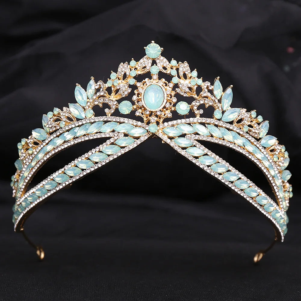 New Luxury Gold Color Green Opal Crystal Flower Water Drop Tiaras Crown Women Wedding Party Diadem Bridal Crown Hair Accessories - EUFASHIONBAGS