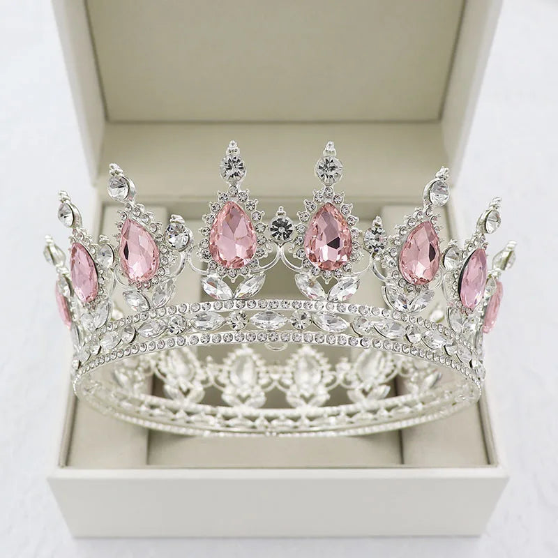 Bride Royal Pink Crystal Queen King Tiaras Baroque Round Crowns Big Rhinestone Pageant Diadem Headband Wedding Hair Accessories - EUFASHIONBAGS