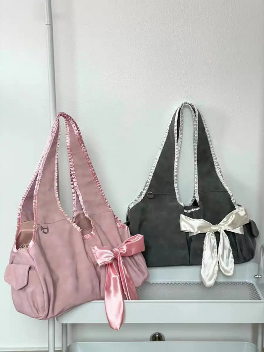 Large Tote Bag Women Fairycore Aesthetic Bow Chic Grey Handbag Female Vintage Cute Shoulder Bags New - EUFASHIONBAGS