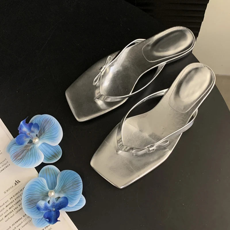 Fashion Pearl Flowers Pinch Narrow Band Women Slipper Flat Heel Shoes Slip On Sandal Beach Casual Slides Flip Flops - EUFASHIONBAGS