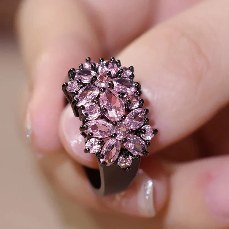 Sweet Flower Finger Rings Black Color with Pink Cubic Zirconia Charm Accessories for Engagement Delicate Romantic Jewelry - EUFASHIONBAGS