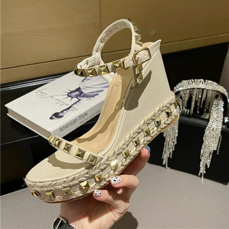 Studded Wedge Sandals Women Black Designer Brand High Heeled Roman Sandals Female Summer 2025 Open Toe Platform Sandalias Mujer