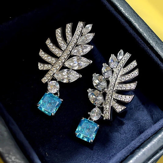 Sparkling Leaf Shaped Drop Earrings with Sky Blue CZ Ear Accessories for Women Wedding Trendy Jewelry - EUFASHIONBAGS