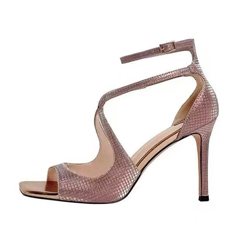 Summer Fashion Ankle Cover Strap Women 7CM Gladiator Sandals Square Open Toe Pink High Heels Wedding Banquet Shoes - EUFASHIONBAGS