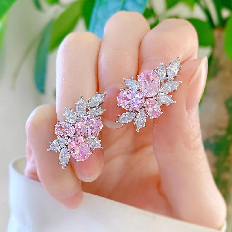 Pink Cubic Zirconia Stud Earrings Women Temperament Sweet Ear Accessories Daily Wear Luxury Trendy Female Jewelry Gift - EUFASHIONBAGS