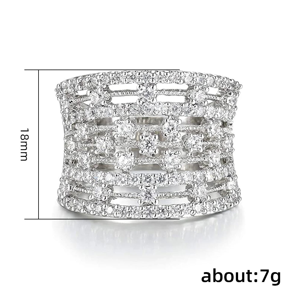 Hyperbole Wide Rings with Crystal Cubic Zirconia Fashion Luxury Women's Wedding Rings Silver Color High Quality Jewelry - EUFASHIONBAGS