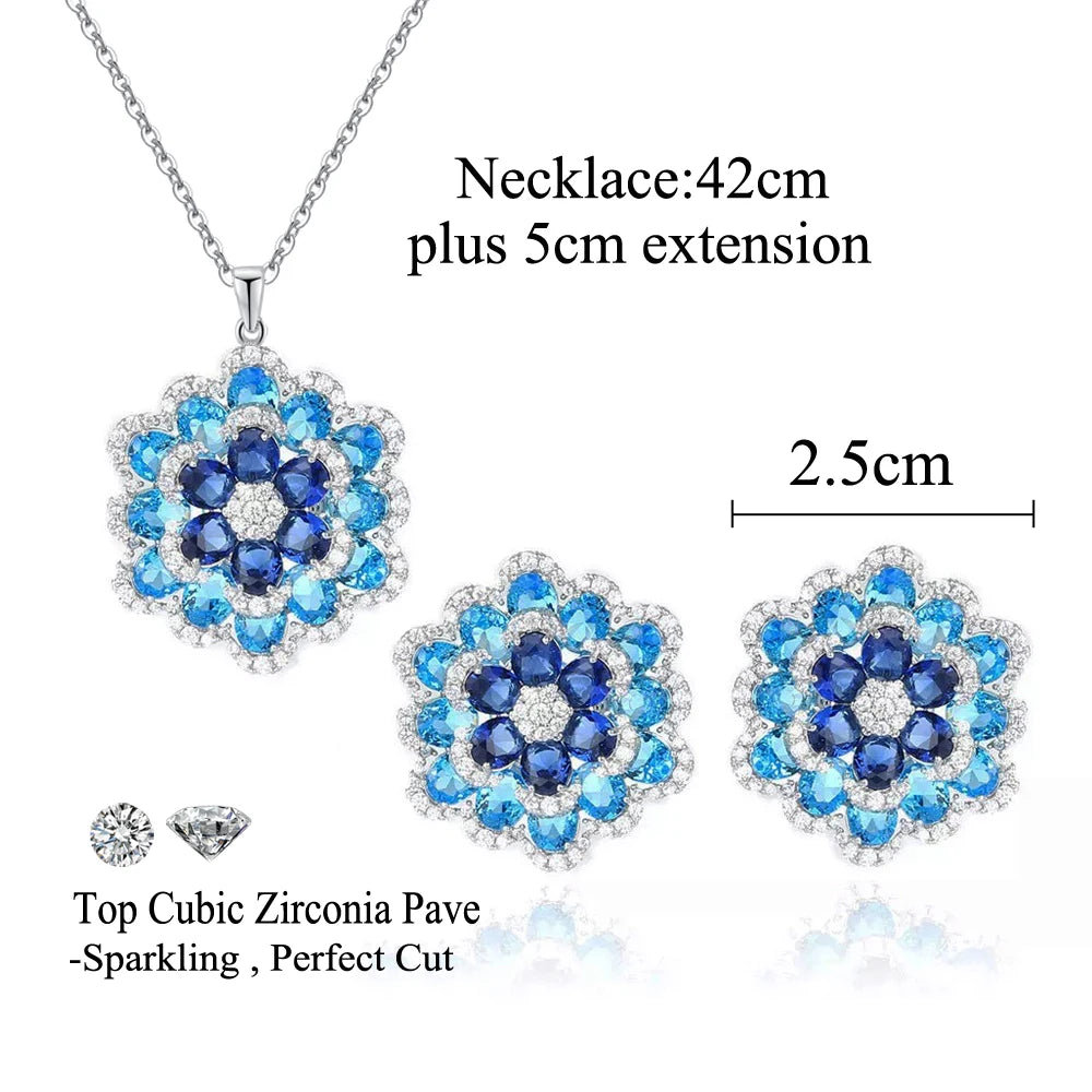 Art Deco Luxury Blue Cubic Zirconia Chunky Flower Shape Earrings And Pendant Necklace Women Party Jewelry Sets - EUFASHIONBAGS