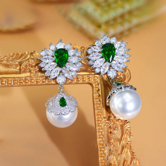 Top 5A Cubic Zirconia Green Water Drop Long Big Dangle Pearl Earrings for Women Luxury Wedding Bridal Jewelry - EUFASHIONBAGS