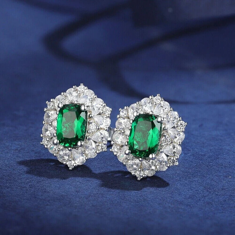 Geometric Shaped Stud Earrings with Oval Green CZ Sparkling Ear Accessories for Women Wedding Party Elegant Lady Jewelry