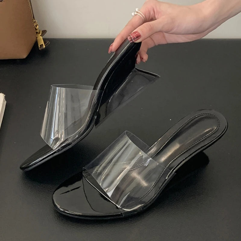 Strange Style Wedges Slippers For Women Shallow Open Toe Mules High Heels PVC Transparent Sandals Summer Beach Party Shoes - EUFASHIONBAGS