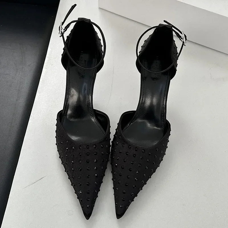 New 2025 Pointed Toe Thin High Heels Women Rhinestones Ankle Strap Dress Shoes Hollow Elegant Designer Sandals Ladies Pumps