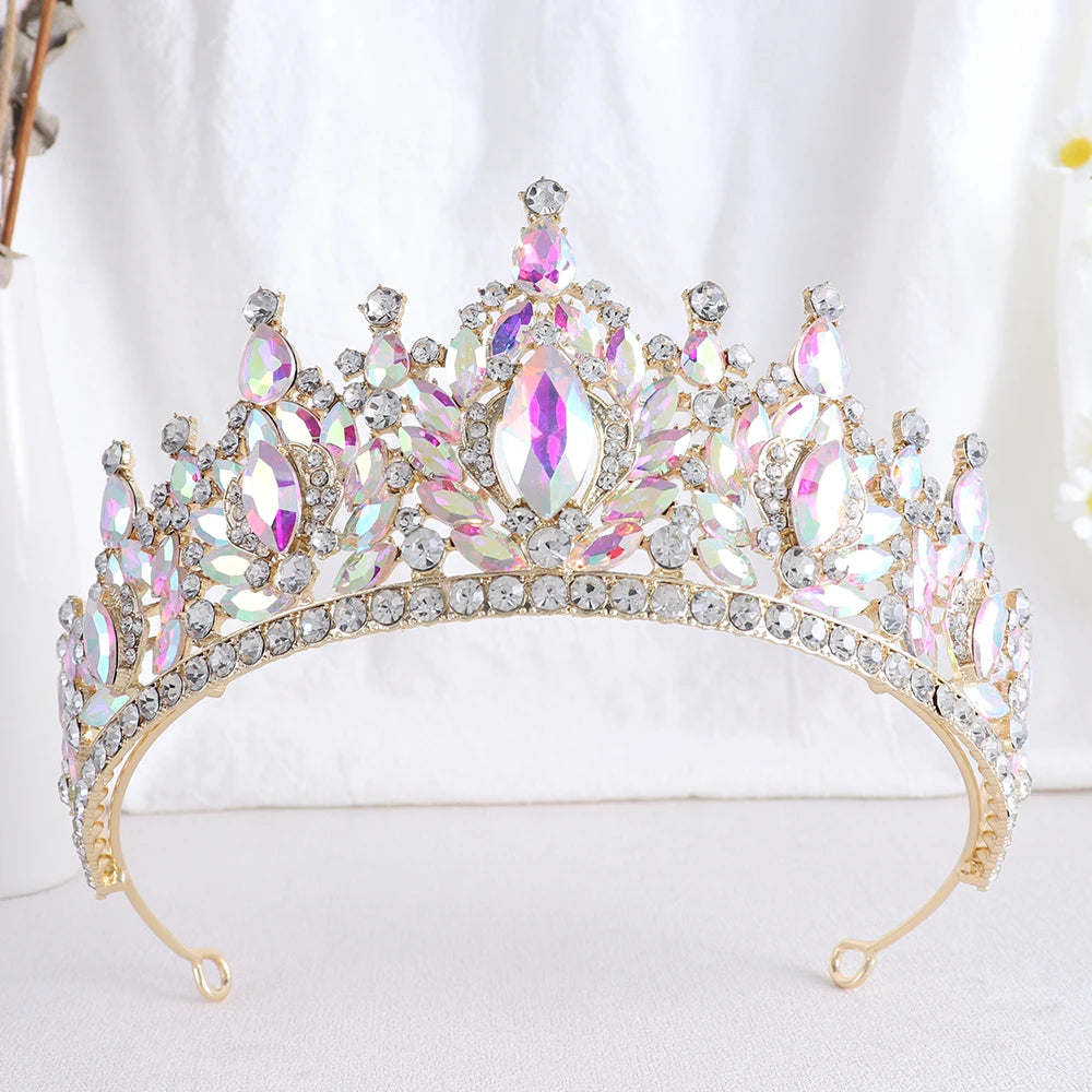 Korean Luxury Water Drop AB Color Crystal Bridal Tiara Crowns Rhinestone Diadem Veil Tiaras Wedding Hair Accessories Headpieces - EUFASHIONBAGS