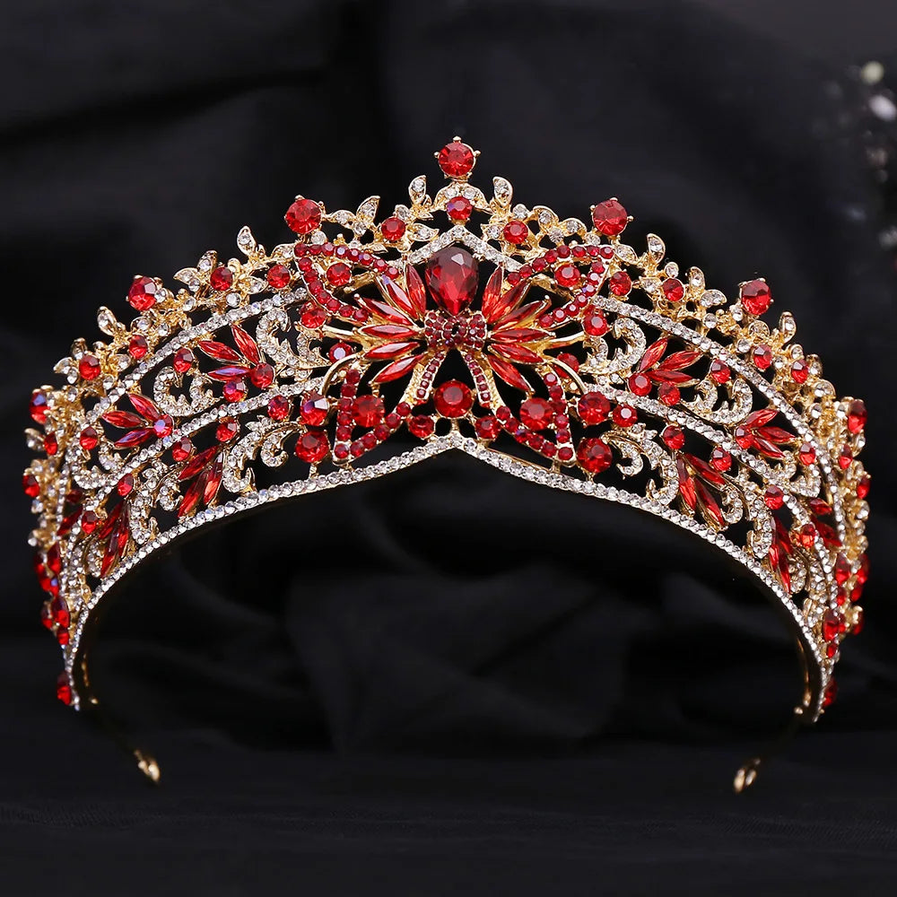 Baroque Gold Color Red Crystal Bridal Tiaras Crowns Rhinestone Pageant Diadem Women Headpieces Wedding Hair Accessories Jewelry - EUFASHIONBAGS