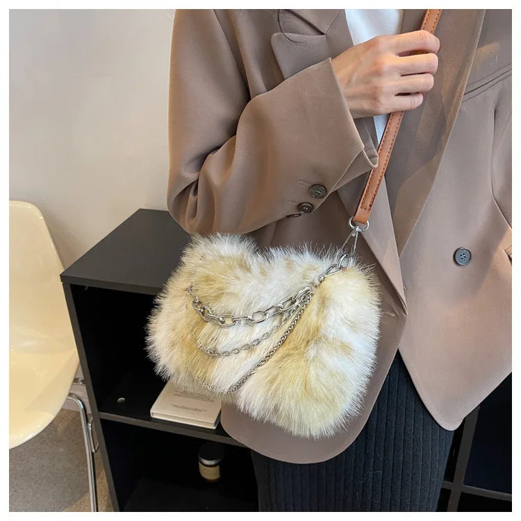 Vintage Y2K Handbag Women Autumn New Hot Girls Chain Plush Soft Shoulder Bag Ladies Harajuku Grey Underarm Bag Aesthetic - EUFASHIONBAGS