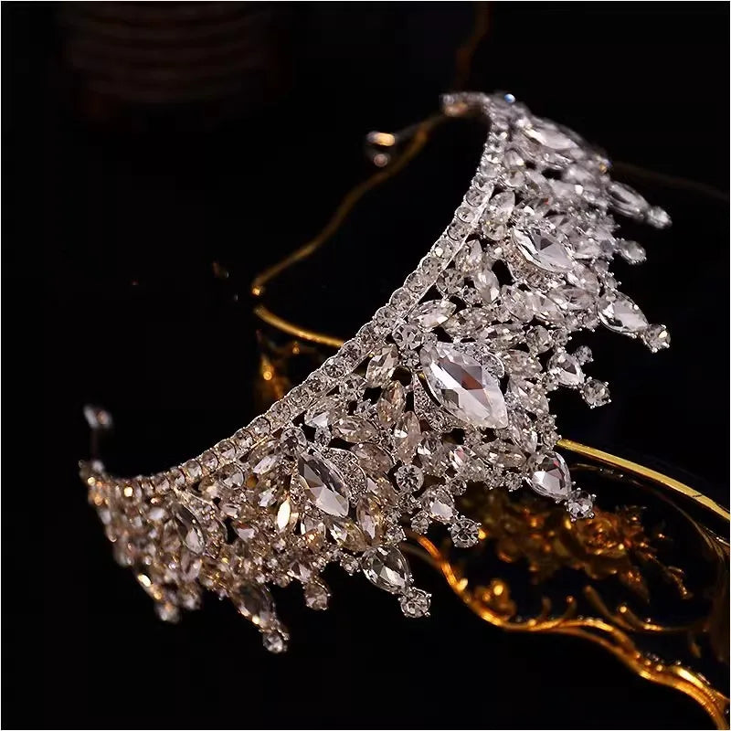 Korean Luxury Queen Water Drop Silver Color Crystal Tiaras Crown For Bride Women Girls Wedding Princess Party Hair Dress Jewelry - EUFASHIONBAGS