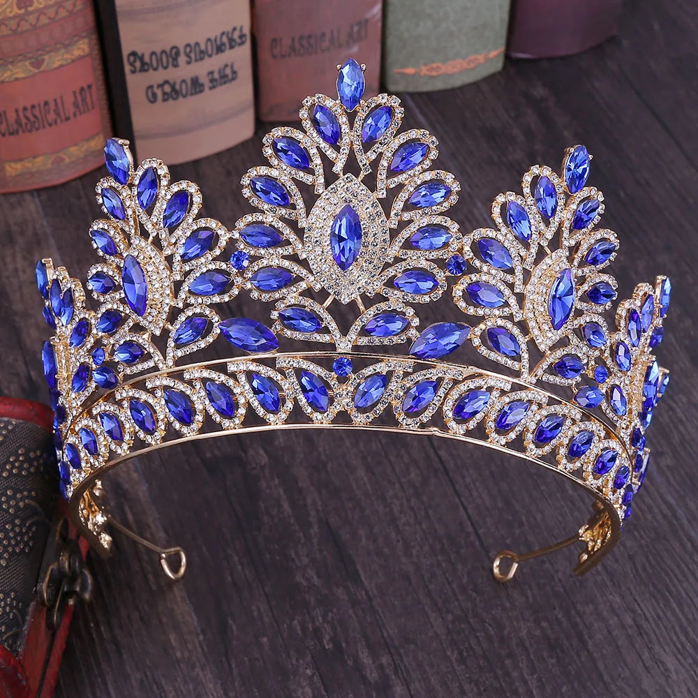 Baroque Gold Color Blue Diadem Rhinestone Crystal Tiaras Bride Headdress Princess Wedding Crown Pageant Hair Jewelry Accessories - EUFASHIONBAGS