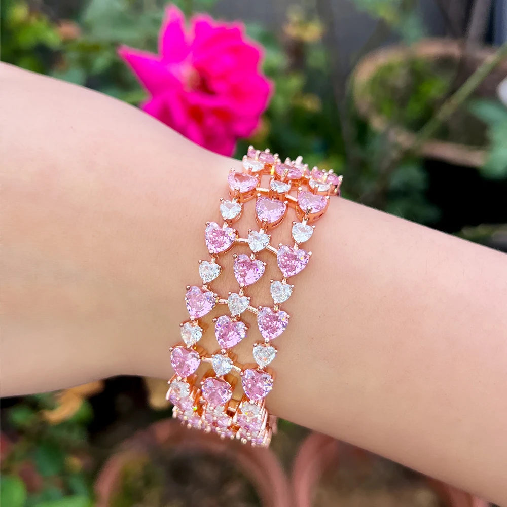 Shiny Rose Gold Plated Heart Shape Turtle Pink Cubic ZIrconia Women Engagement Bracelets Big Luxury CZ Jewelry - EUFASHIONBAGS