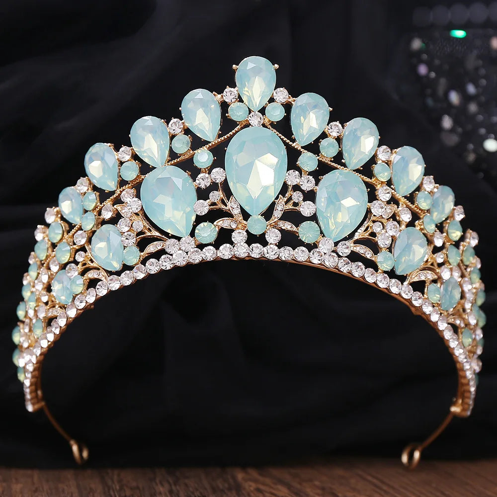 New Luxury Gold Color Green Opal Crystal Flower Water Drop Tiaras Crown Women Wedding Party Diadem Bridal Crown Hair Accessories - EUFASHIONBAGS