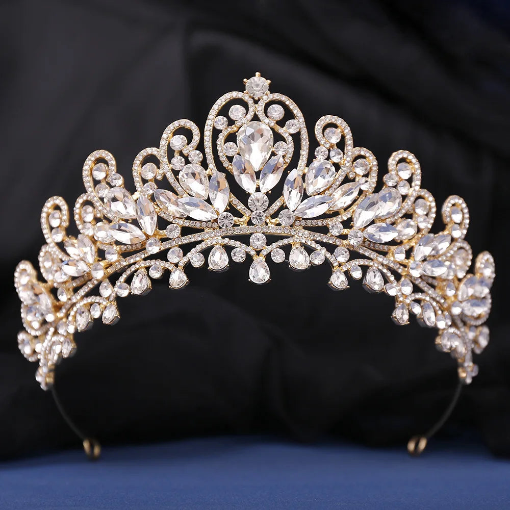 Luxury AB Color Crystal Pearls Royal Queen Wedding Crown Water Drop Bridal Diadem Pageant Headdress Bride Tiara Hair Accessories - EUFASHIONBAGS