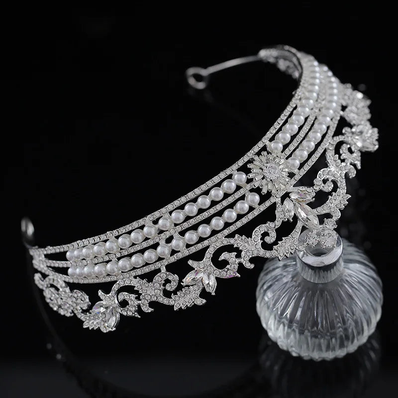 Luxury Silver Color Crystal Pearls Bridal Tiaras Crown Rhinestone Pageant Diadem Baroque Leaf Headbands Wedding Hair Accessories - EUFASHIONBAGS