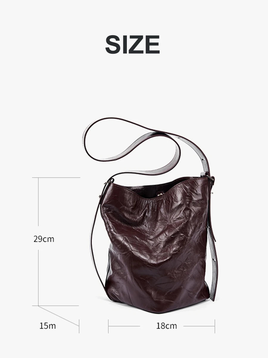 Cowhide Women's Bag Pleated Soft Genuine Leather Women Crossbody Shoulder Bags Large Capacity Multifunctional Bucket Bag