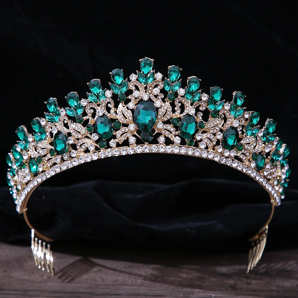 Luxury Green Color Crystal Wedding Crown Bridal Hair Accessories Women Baroque Crown Rhinestones Tiaras Bride Queen Party Crowns - EUFASHIONBAGS