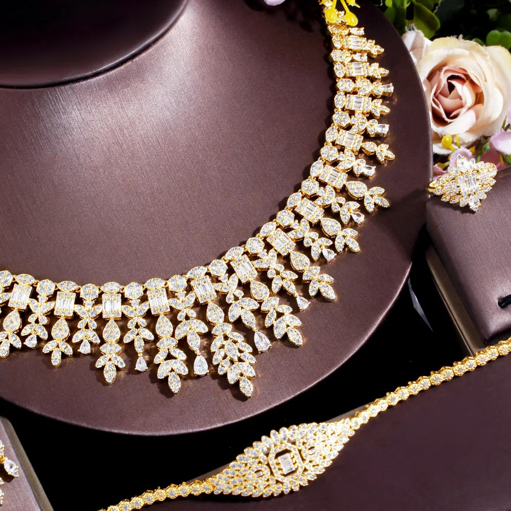 4pcs Full Micro African CZ Luxury Indian Gold Plated Fringed Chandelier Necklace Big Wedding Bridal Jewelry Sets - EUFASHIONBAGS