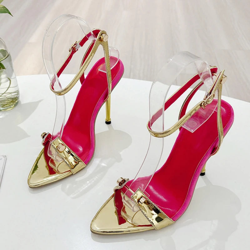 2025 Gold Silver Ankle Strap Sandals Women Wedding Banquet Shoes Sexy Metal Pointed Toe Stripper High Heels Sandalias