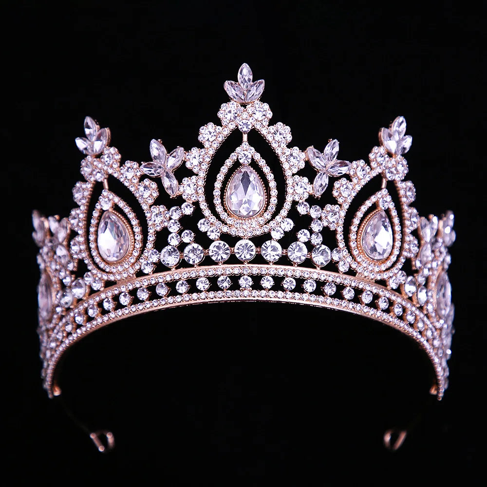 Baroque Luxury Pink Crystal Royal Queen Wedding Crown Rhinestone Bride Diadem Pageant Headdress Tiaras Hair Jewelry Accessories