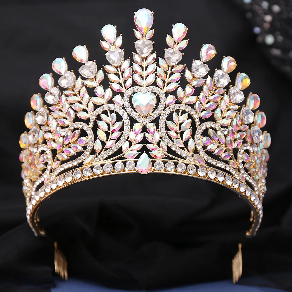 Luxury High Royal Queen AB Color Wedding Crowns Comb Women Purple Crystal Banquet Tiaras Party Costume Hair Jewelry Accessories