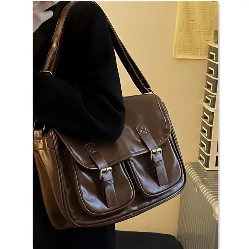 Large Brown Messenger Bag Women Vintage Soft Chic Pu Leather Handbag Female Harajuku Casual Crossbody Bags New - EUFASHIONBAGS