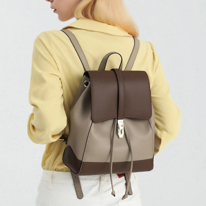 New Woman Backpack Fashion Cowhide Double Splicing Color Girls Back to School Bag Large Capacity Women's Bags