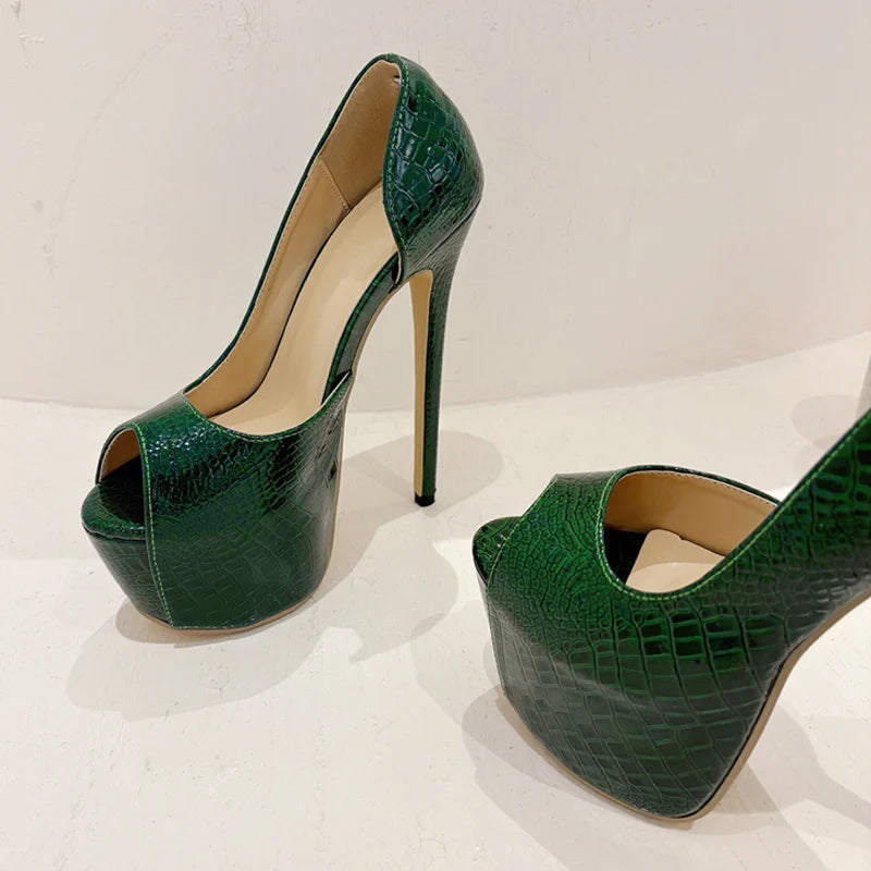 2025 New Green Snake Print Leather Platform Pumps Women Sexy Slingback Peep Toe Extreme High Heels Strip Pole Dance Shoes - EUFASHIONBAGS