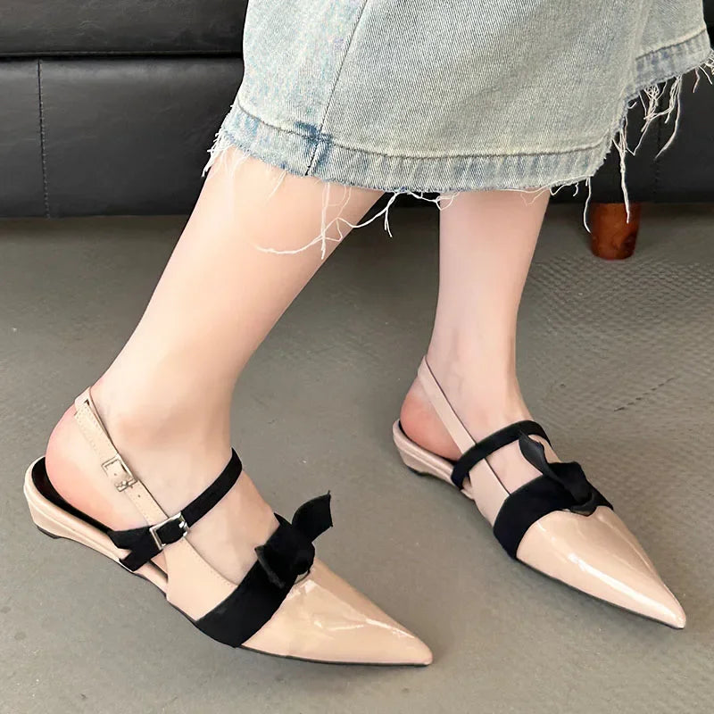 Butterfly-knot Pointed Toe Mary Jane Shoes Women Patent Leather Fashion Low Heeled Dress Shoes Female Pumps Sandalias De Mujer