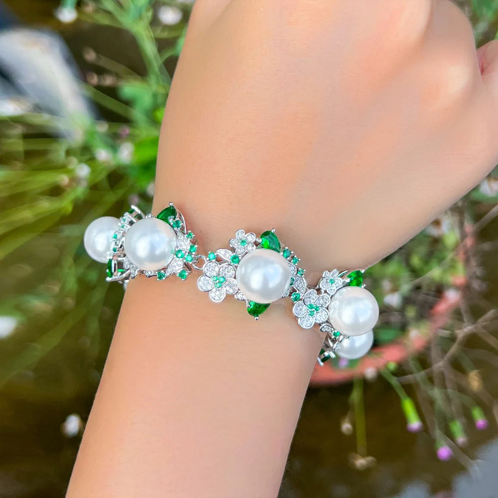 Luxury Green Cubic Zirconia Cluster Flower Wedding Engagement Bridal Big Pearl Bracelets for Women - EUFASHIONBAGS