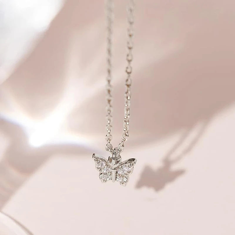 Dainty Gold Color/Silver Color Pendant Necklace Lady Delicate Butterfly Jewelry with Shiny CZ Chic Insect Accessories