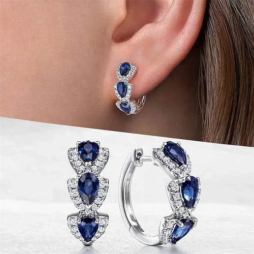 Luxury Trendy Blue Cubic Zirconia Hoop Earrings Wedding Party Elegant Accessories for Women Anniversary Gift New Jewelry