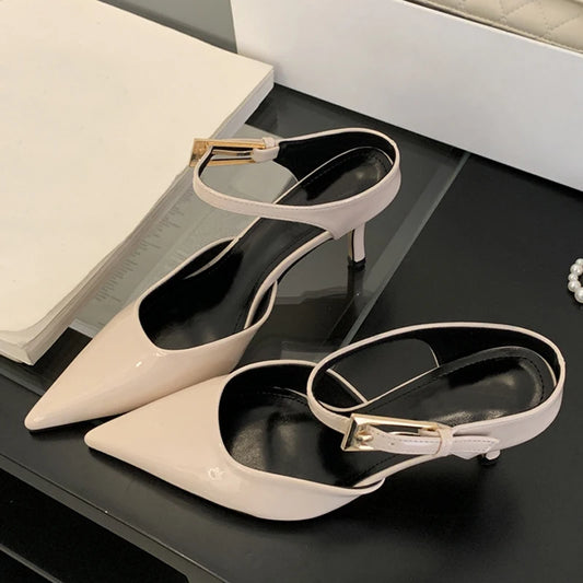 Cozy Patent Leather High Heels Woman Pumps Buckle Strap Mules Slipper Sexy Pointed Toe Wedding Banquet Female Shoes Sandal