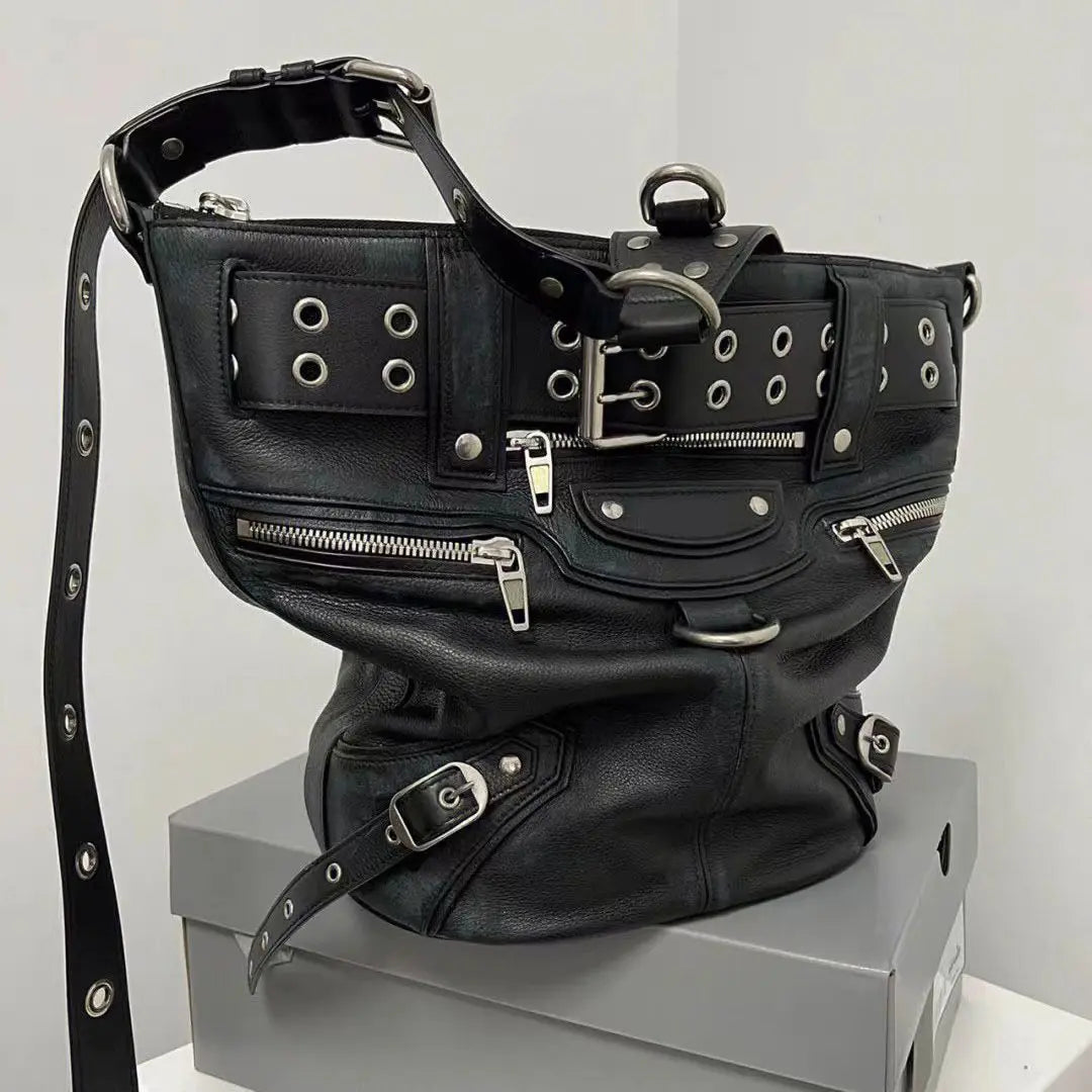 High Street Vintage Handbag Women New Rivet Large Capacity Casual Crossbody Bags Moto Biker Black Messenger Bag - EUFASHIONBAGS