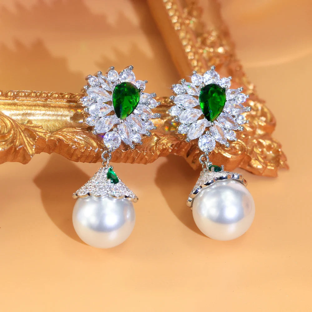 Top 5A Cubic Zirconia Green Water Drop Long Big Dangle Pearl Earrings for Women Luxury Wedding Bridal Jewelry - EUFASHIONBAGS