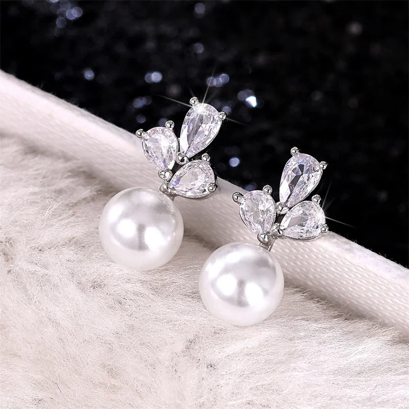 Dainty Simulated Pearl Earrings for Women with Shiny Cubic Zirconia Delicate Female Earrings Elegant Daily Wear Jewelry