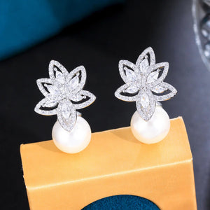 Flower Leaf Shape Glittering Pearl Earrings Cubic Zirconia Pave Women Accesories b140