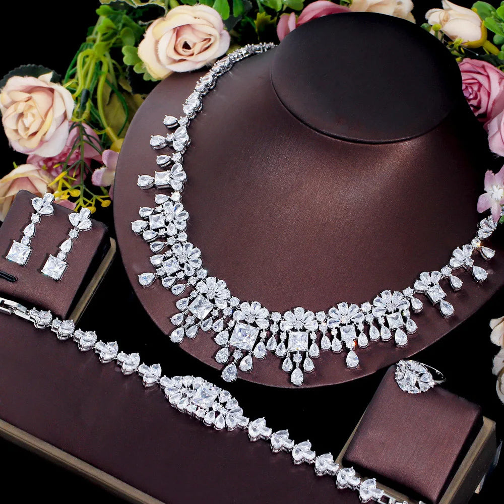 4pcs Dubai Cubic Zirconia Paved Flower Fringed Expensive Luxury Chunky Wedding Bridal Jewelry Sets for Women - EUFASHIONBAGS