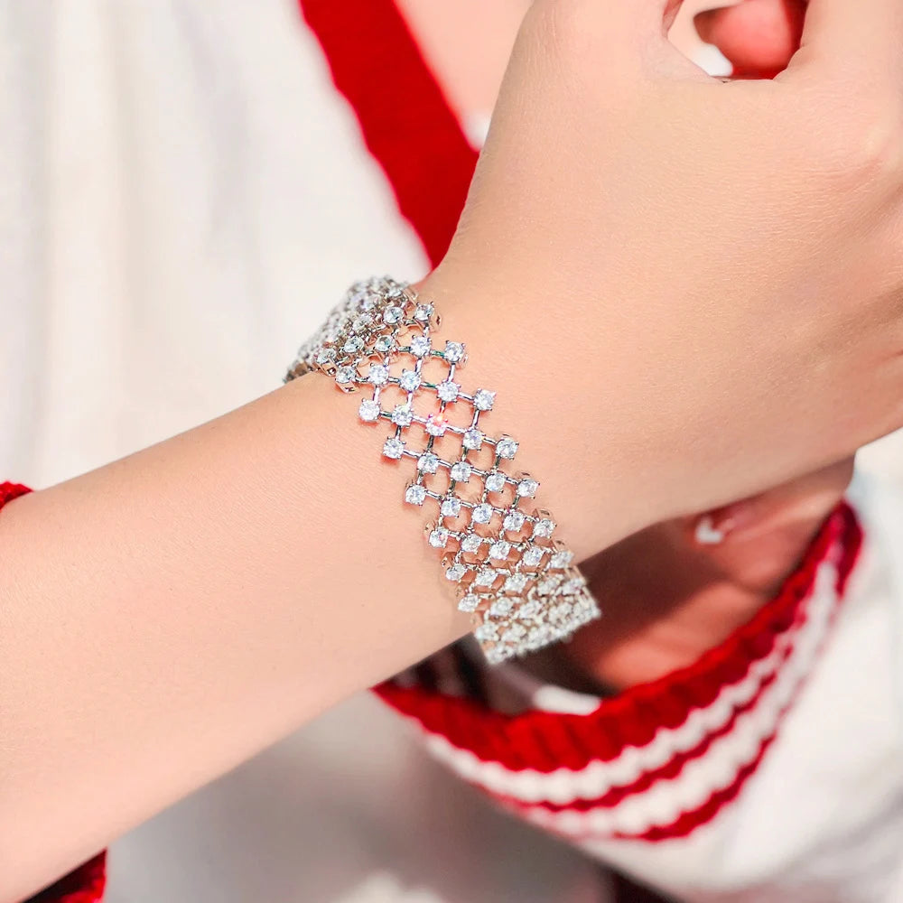 Shiny Multi Layered Net Round Cubic Zirconia Stone Festive Wide Big Wedding Bracelets for Women Bridal Party - EUFASHIONBAGS