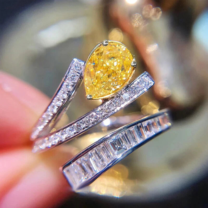 Personality Pear Yellow Cubic Zirconia Luxury Rings for Women Wedding Party Female Accessories Gift New Jewelry