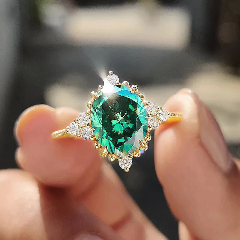 Oval Green Cubic Zirconia Gold Color Luxury Rings for Women Wedding Anniversary Party Elegant Lady's New Fashion Jewelry