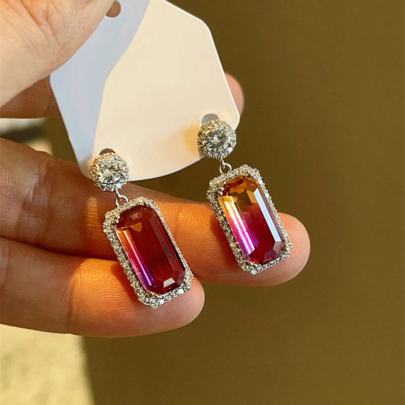 Gradient Zirconia Rainbow Stone Pendant Earrings Delicate Luxury Jewelry for Anniversary Party Chic Exquisite Accessories - EUFASHIONBAGS